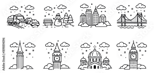 Line art travel and urban icon set featuring famous landmarks, city architecture, and winter elements for global tourism and seasonal design