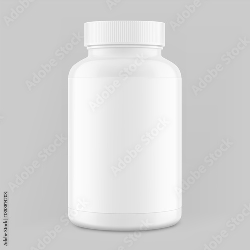 Plastic packer pill bottle mockup with label for treats, vitamins, supplements. Vector illustration isolated on grey background. Mockup is ideal for health projects. EPS10.