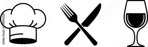 Chef hat, crossed fork and knife, and wine glass icons representing dining and culinary arts