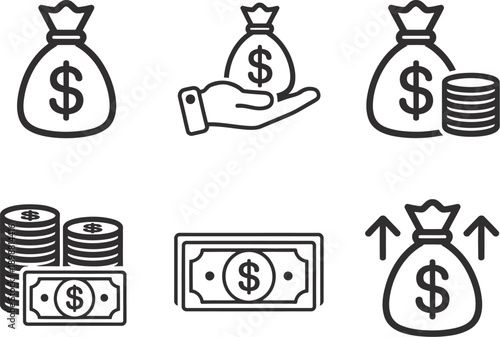Finance Money Bag Icons, dollar savings bag in hand with coin stack representing wealth and banking