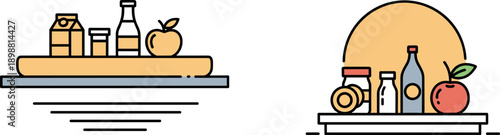 Flat design illustration of assorted beverages and fruits on shelves