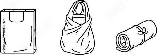 Three types of reusable shopping bags shown in a simple line art style