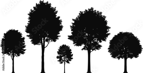 Stylized Tree Icons, simple rounded foliage trees with thick trunks for nature landscape design