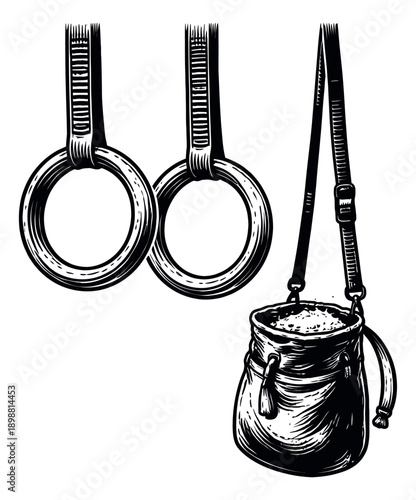 Retro woodcut style fitness equipment set featuring gymnastic rings and a chalk bag for strength training