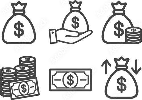 Money Bag Icon Set, dollar savings bag hand holding finance symbol with stacked coins illustration