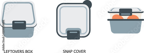 Set of three flat design food storage containers with snap-on lids