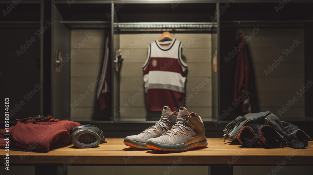 Obraz premium Flat lay of basketball jersey cleats and protective gear on locker room bench, stadium setting, overhead composition, warm tungsten lighting, documentary style, team sports equipment