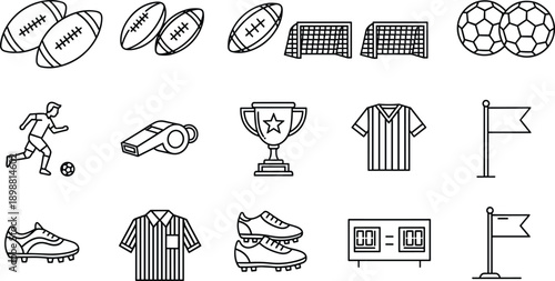 Soccer and football icons vector set, sports equipment collection, game elements outline illustration, black line design