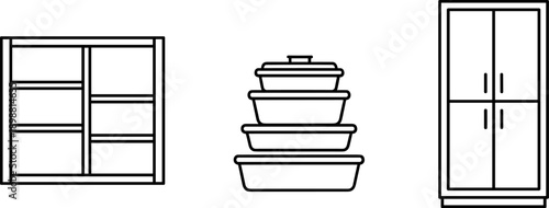 Simple line art icons of kitchen storage solutions and cookware for organization and design