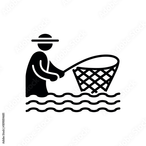 Simple black silhouette of a fisherman with a net in water