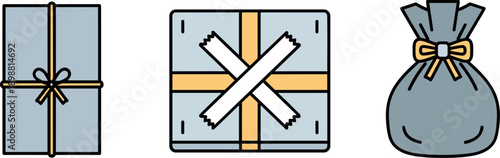 Collection of three different gift packaging styles: wrapped box, taped box, and drawstring bag