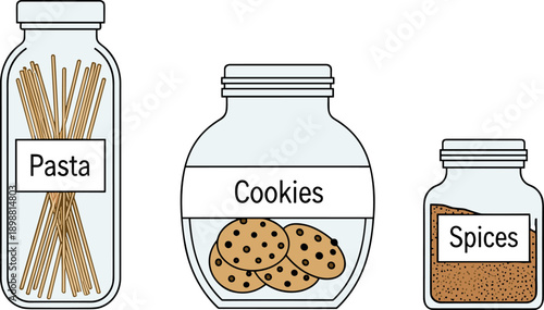 Three glass jars labeled pasta, cookies, and spices for pantry organization