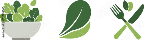 Healthy eating icons: salad bowl, fresh leaves, and cutlery with green accents