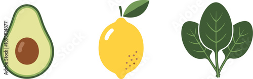 Simple flat icons of avocado, lemon, and spinach leaves on a white background