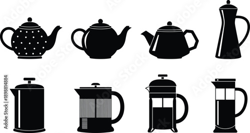 Teapot and French press silhouette vector set, coffee maker and kettle collection, kitchenware icons illustration