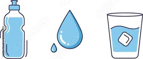 Simple icons representing water bottle, droplet, and glass with ice cube