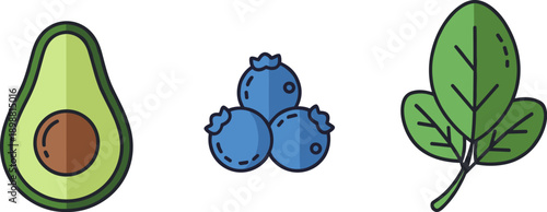 Healthy food icons: avocado, blueberries, and spinach leaves on white background