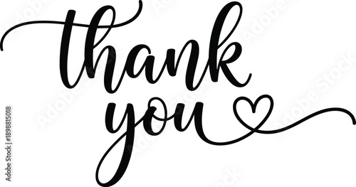 Thank You handwritten typography design, elegant black and white script lettering with heart flourish illustration artwork