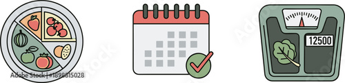 Healthy eating plan and weight loss tracking icons on white background