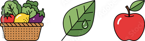 Fresh produce basket, green leaf with water drop, and a red apple illustration