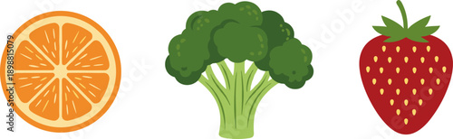 Simple flat icons of orange slice, broccoli, and strawberry on white background