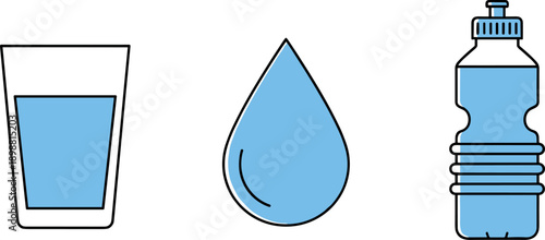 Simple icons representing water in a glass, a drop, and a sports bottle