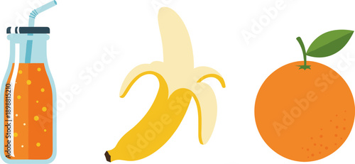 Healthy breakfast with orange juice, banana, and fresh orange fruit