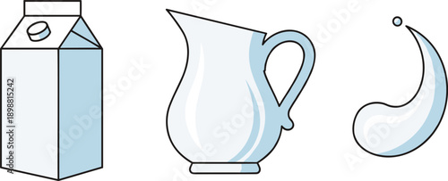 Simple line art illustration of a milk carton, pitcher, and splash on a white background