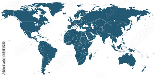 World map vector, blue design blank and with country borders, USA states, Canada provinces, territories, continents, infographic, educational, digital, travel
