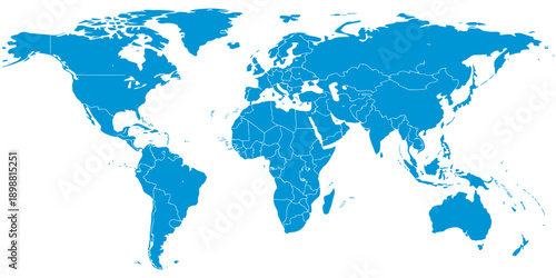 World map vector, blue design blank and with country borders, USA states, Canada provinces, territories, continents, infographic, educational, digital, travel