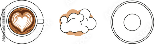 Latte art heart, popcorn, and donut icon set on white background