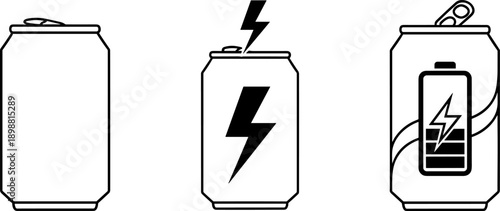 Energy drink cans with lightning bolt and battery icons symbolizing power and boost