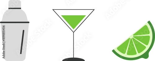 Cocktail shaker, martini glass with green liquid, and lime slice on white background
