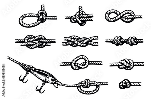 Hand drawn line art knot set featuring various rope knots and a fishing lure for marine and outdoor adventure themes