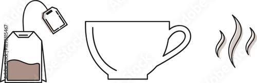 Simple line art illustration of tea bag steeping in a cup with steam rising