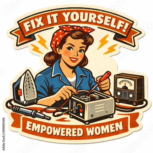 Vintage Flat Vector Sticker of Woman Repairing Electrical Appliances with Technical Confidence and DIY Empowerment