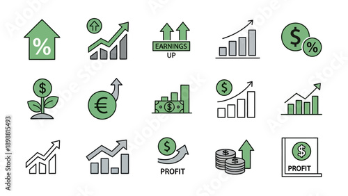 Collection of financial growth and profit icons, symbolizing business success and investment returns.