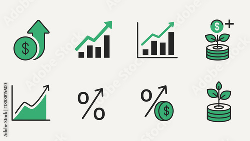 Green finance growth icons set.