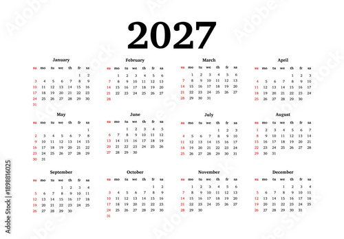 Calendar for 2027 isolated on a white background