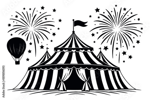 Graphic circus set featuring a main tent, fireworks and a hot air balloon for party designs