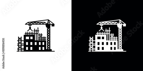 Construction site icons a building under construction in dual color schemes