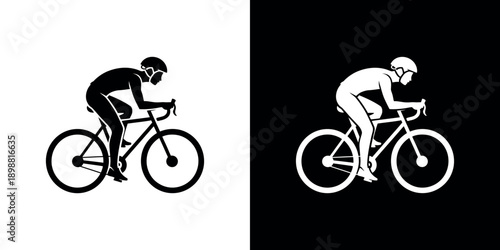 Silhouettes of a cyclist depicted in contrasting black and white backgrounds