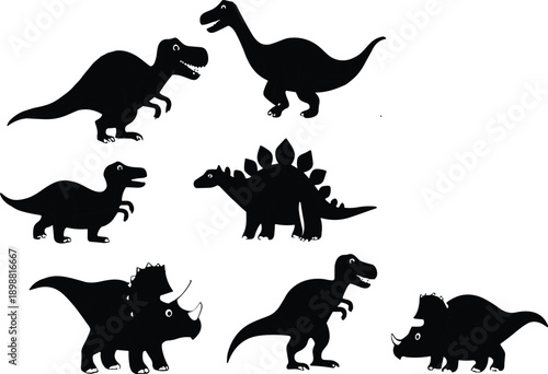 Black dinosaur silhouette collection with different prehistoric species including tyrannosaurus stegosaurus and triceratops in flat vector style isolated on white background