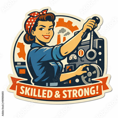 Retro Flat Vector Sticker of Woman Operating Industrial Machinery with Skill and Empowerment