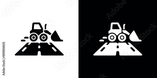 Construction vehicle icon set bulldozer on a road black and white