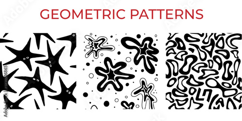 Collection of vector seamless geometric ornament patterns in difrent styles. Monochrome repeatable backgrounds.