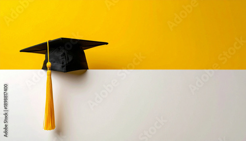 White banner featuring a graduation cap, yellow background, greeting card or announcement mock-up