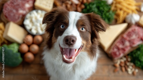 A cheerful dog sits among a variety of healthy foods including vegetables, meats, and dairy, highlighting the importance of nutrition for pets and companionship.