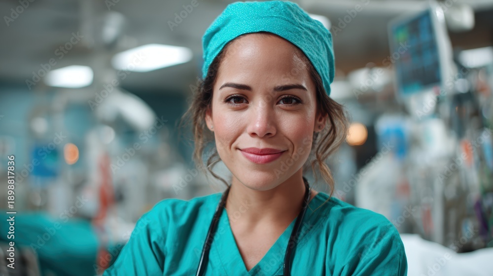 Fototapeta premium A smiling nurse wearing a surgical cap in a busy hospital setting, symbolizing care and dedication towards patients and healthcare professionals working tirelessly.