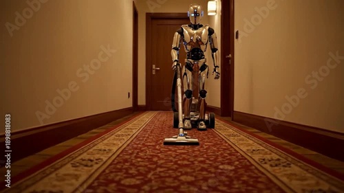 A futuristic android diligently cleans a hotel hallway, combining technology with everyday tasks, highlighting the intersection of robotics and service in a realistic portrayal.